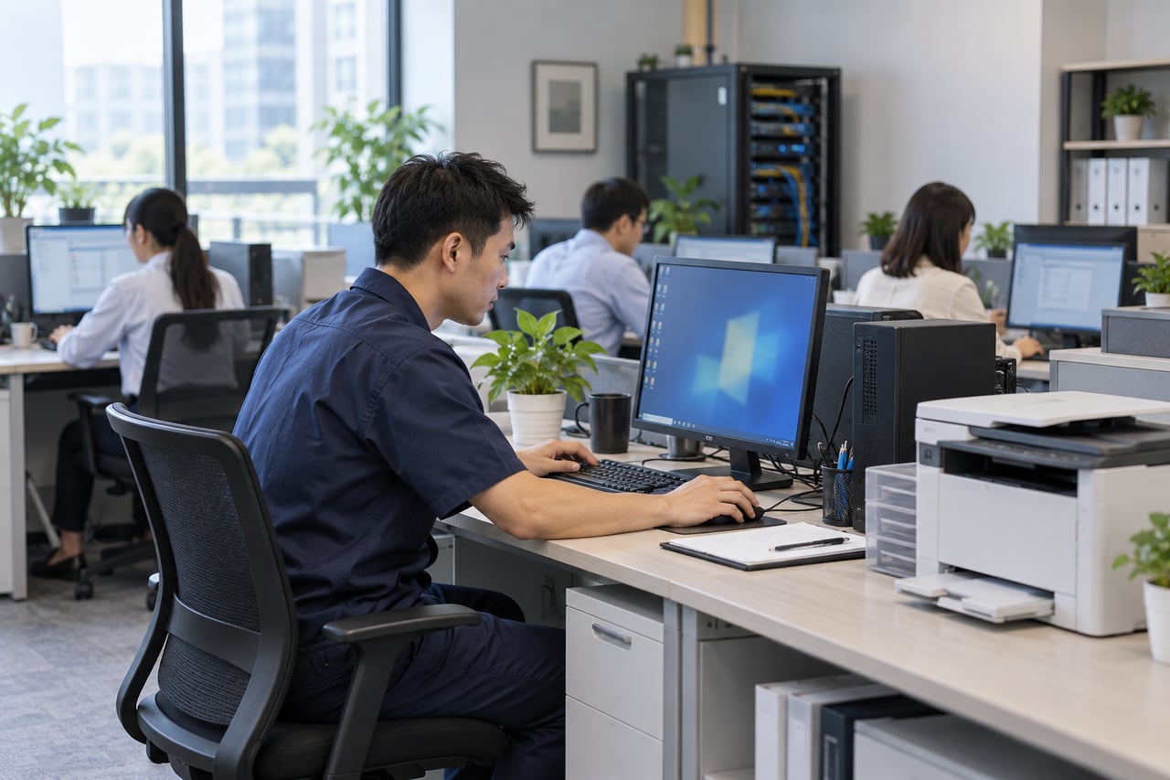 技术人员在办公室检查电脑,附近放置打印机的工作场景